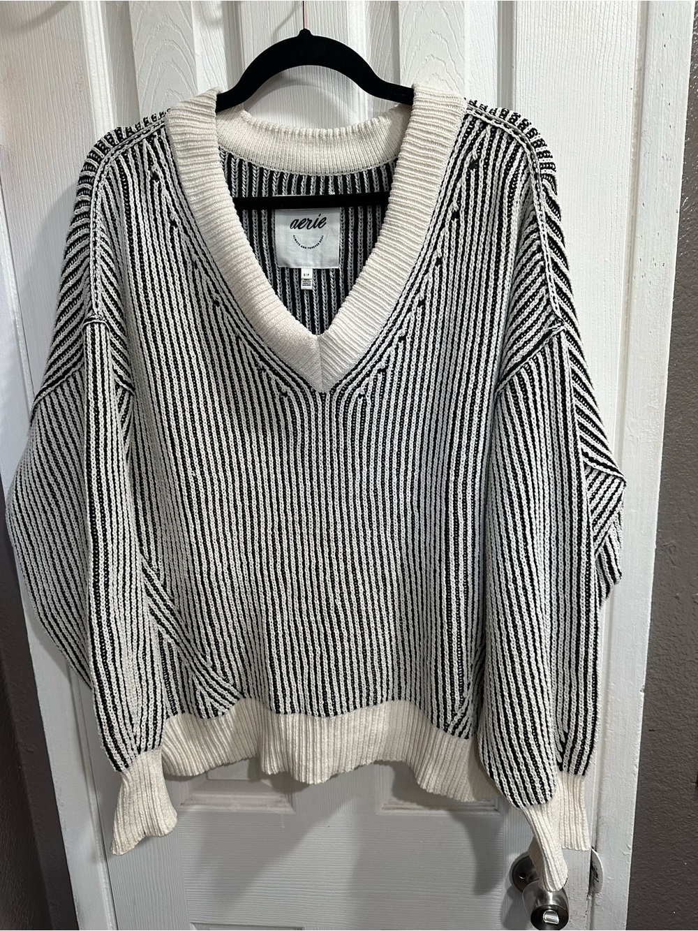 aerie Black & White Striped V-Neck Knit Sweater